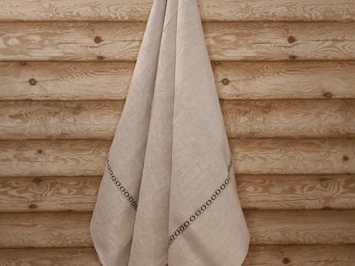 Lina dvielis 80x150cm ar tautisku lentu (pelēkzaļa) abās dvieļa malās