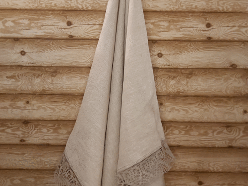 Lina dvielis 80x160cm ar mežģīni-pelēkas sirsniņas