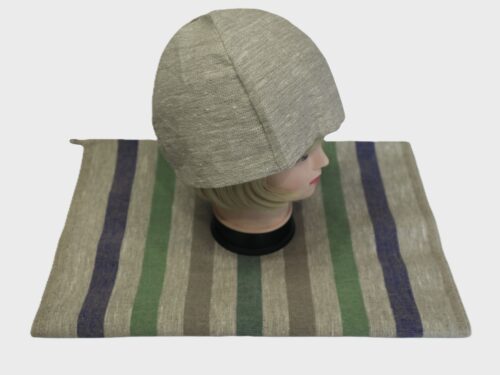 Komplekts: pirts cepure un lina raupjš dvielis 50x145cm (krāsa-pelēkas/zilas/zaļas svītras)